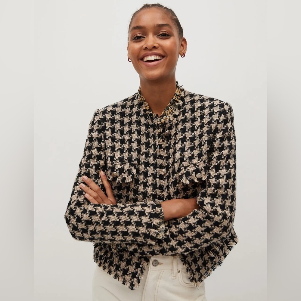 NWT Mango Pocket Tweed Houndstooth Cropped Blazer